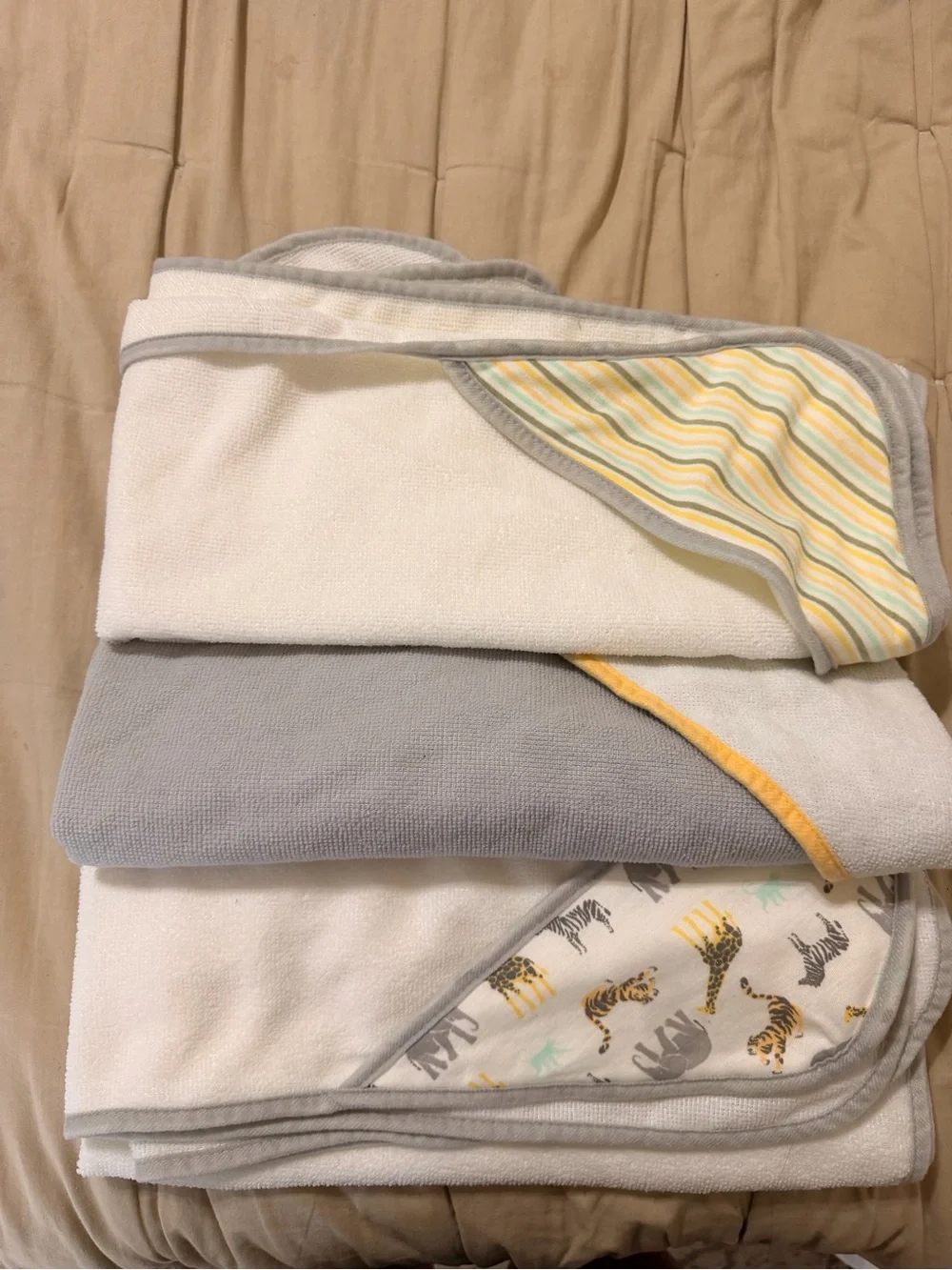 Soft Baby Hooded Towels - Gray, White & Yellow Stripes